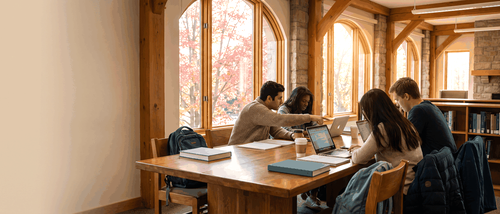 International students studying together in a Canadian college library in autumn, checking their PGWP eligibility