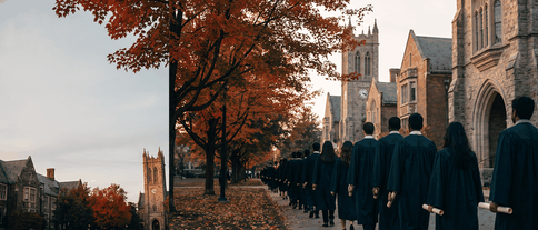 International graduates in gowns on a Canadian campus in autumn, checking PGWP eligibility