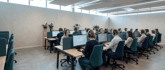 Test takers in headphones at a language test centre for the PGWP language requirement