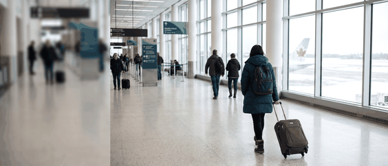 An international student arriving at a Canadian airport with a study permit