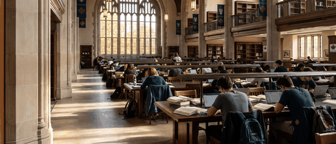 Students in a Canadian university library while their study permit extension is processed